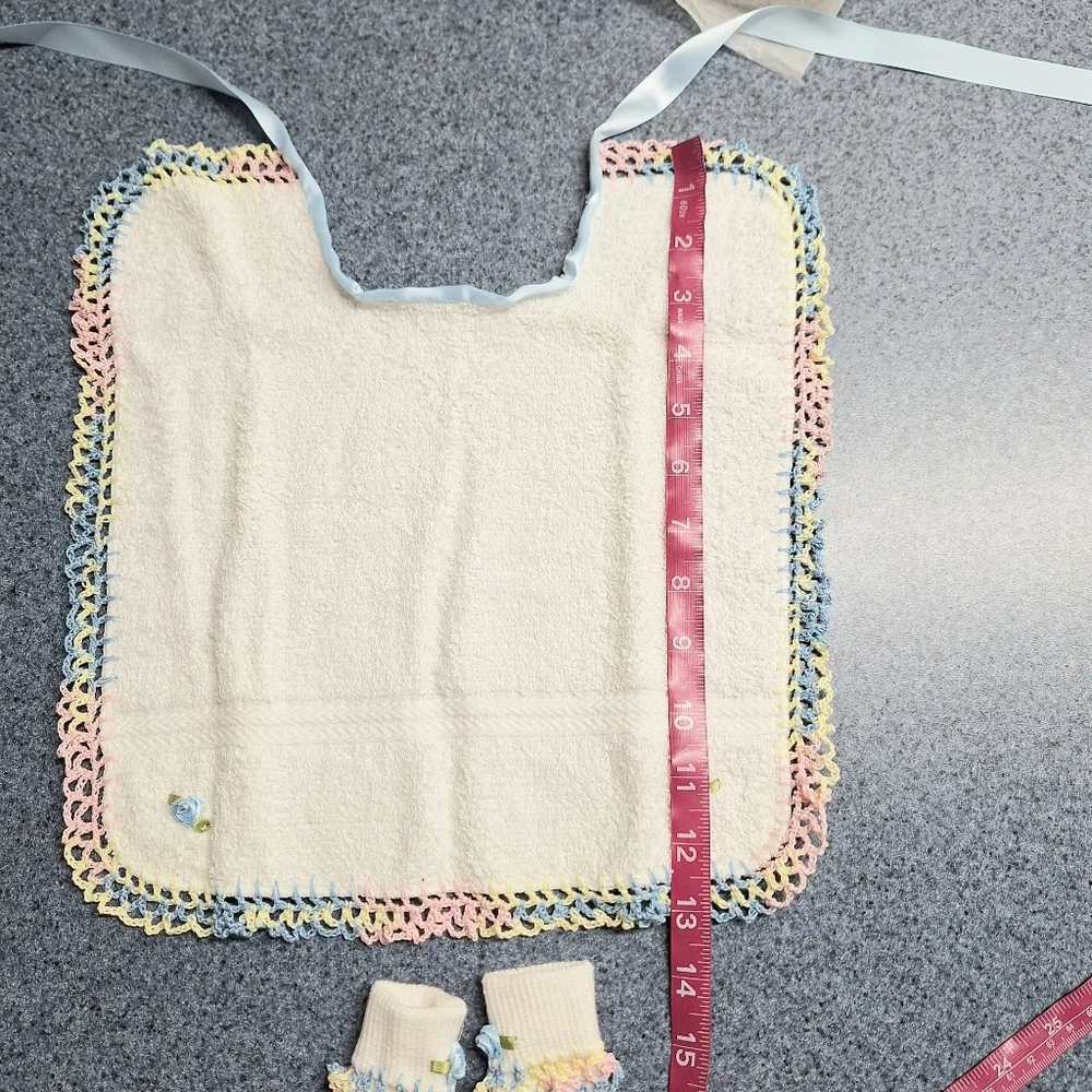 Handmade Crochet Trim Baby Bib and Booties Set, NWOT